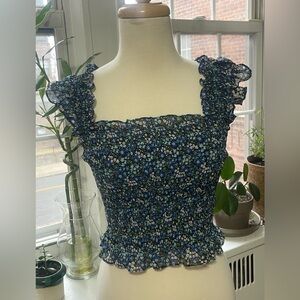 Floral Smocked Blouse with Ruffle Sleeves - Blue